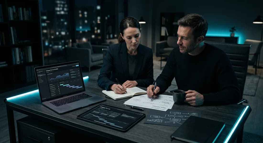 Workers at a service business desk: laptop, monitor, and clipboard with the day's schedule.