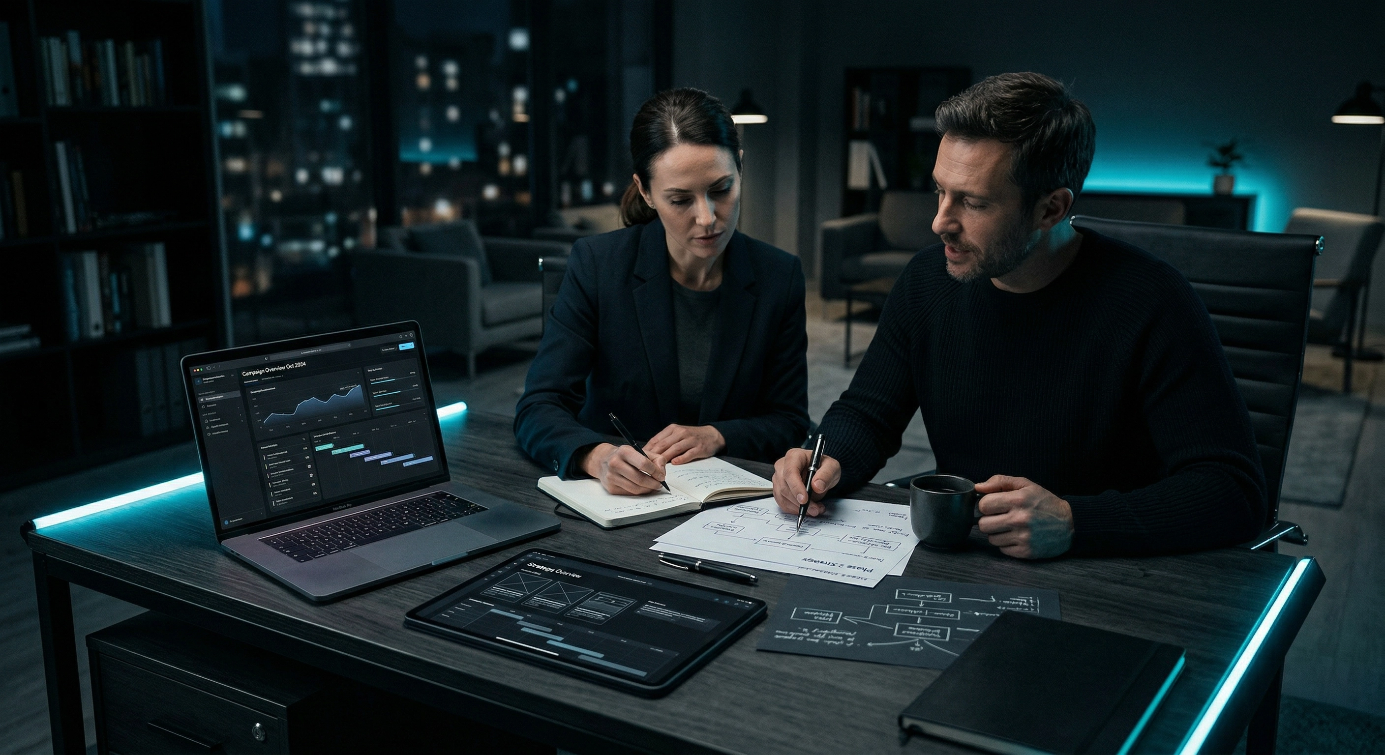 Service business workspace with laptop, monitor, and scheduling clipboard